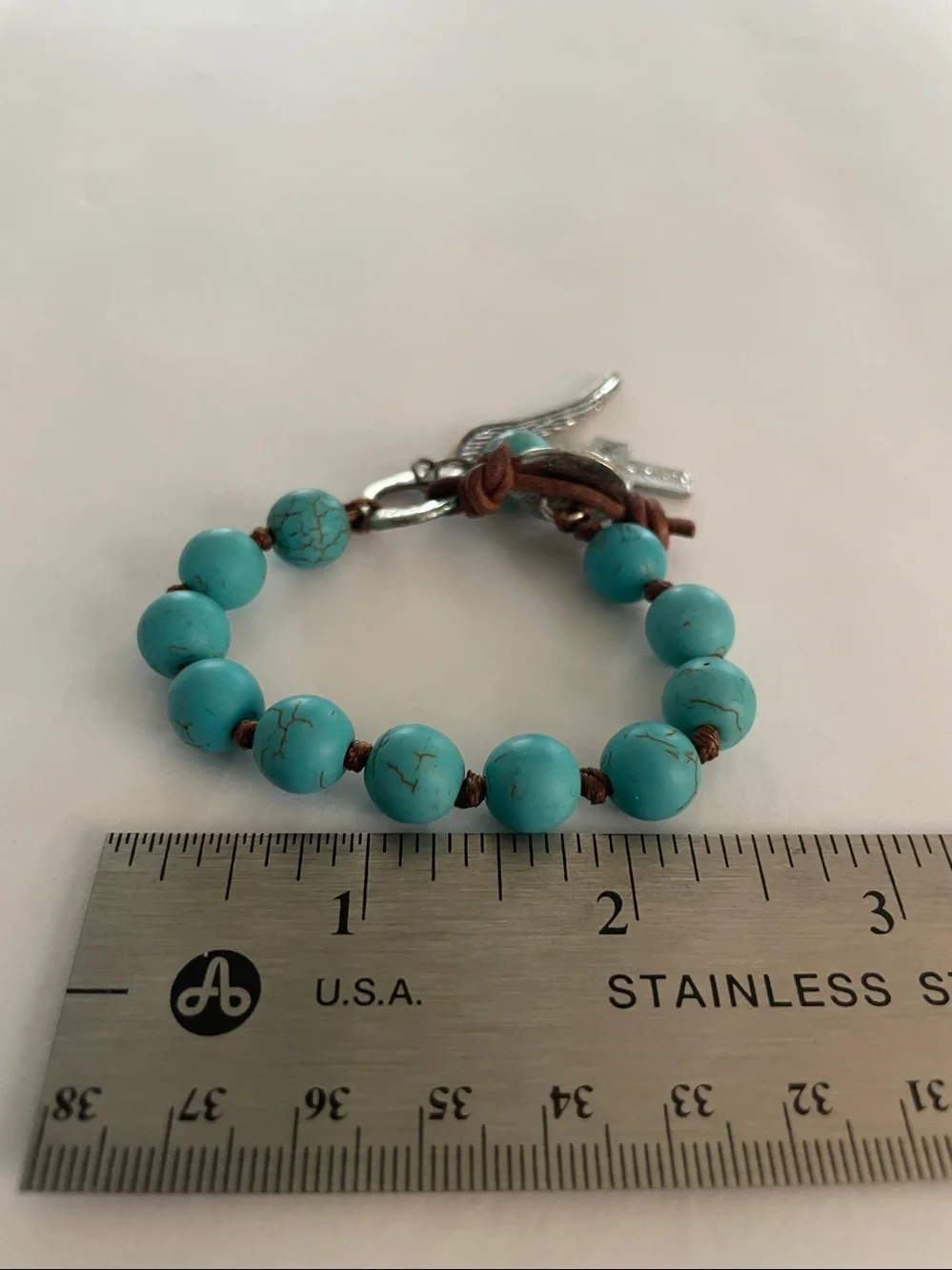 Turquoise Beaded Bracelet-Angel Wing/Cross Silver/Leather X/S